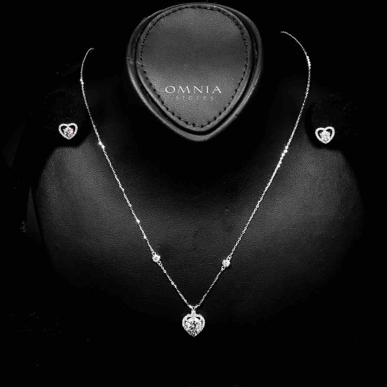 Omnia Tamima Silver Heart Shape Necklace and Earrings Set in 925 Silver with High-Quality White Moissanite Stones image number null