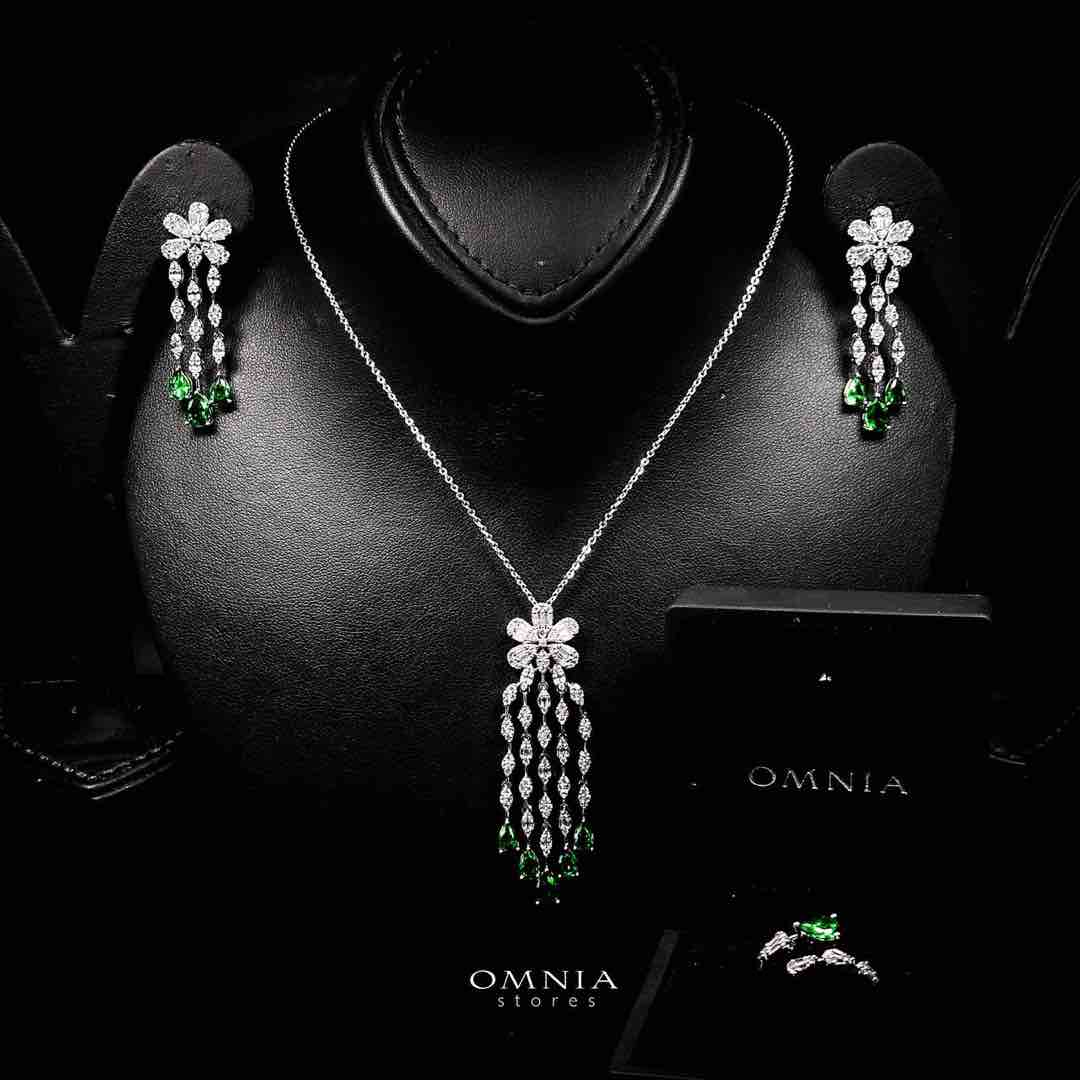 Omnia Alisha Luxury White & Green Necklace, Earrings & Ring Set in High Quality Zircon Stone Rhodium Plated image number null
