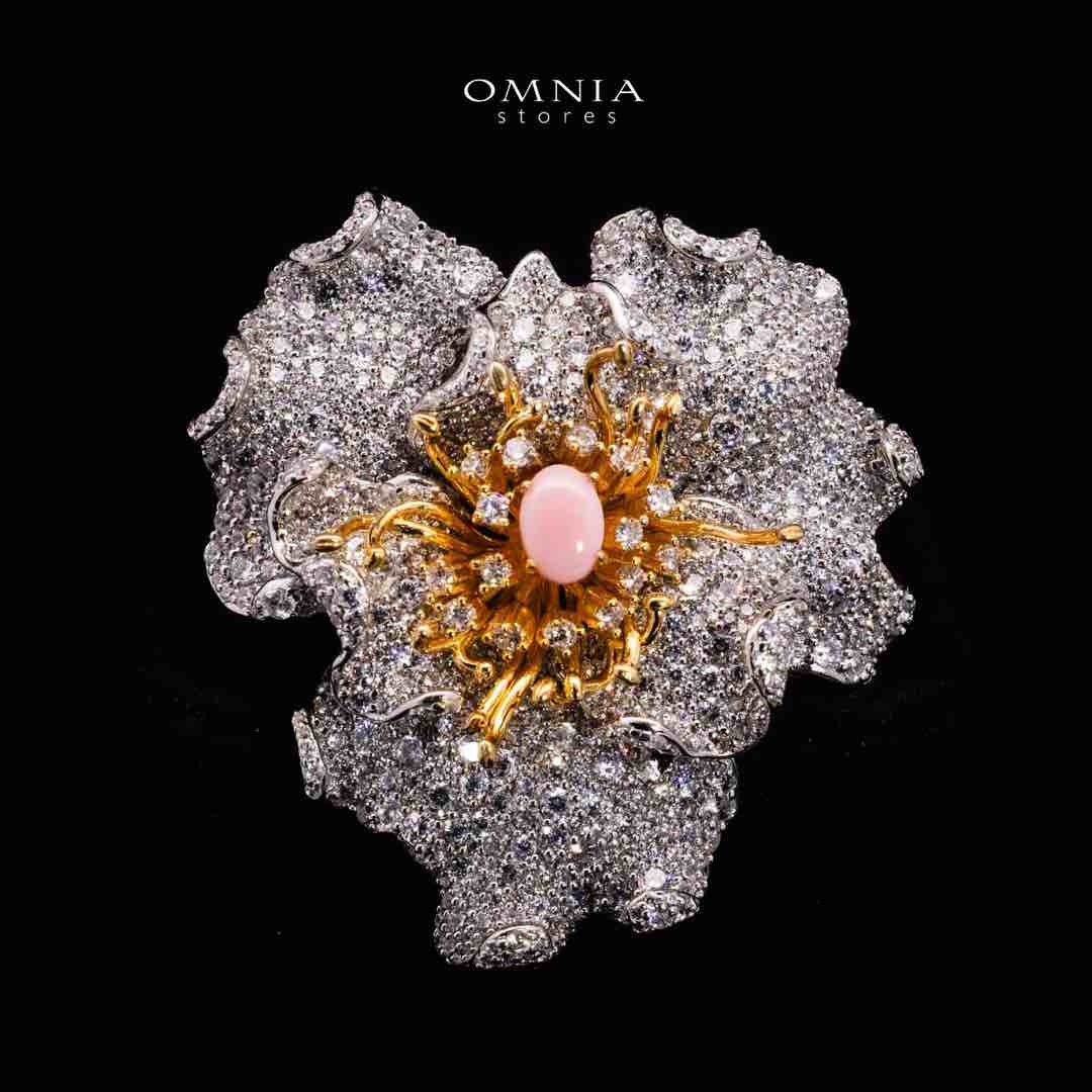 Omnia Fiora Pink Coral Flower Silver Brooch in 925 Silver High Quality White Simulated Diamond Stones image number null