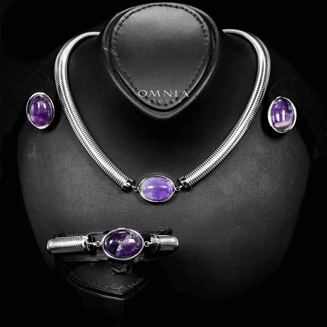 Omnia Naqiyah Silver Color Necklace,Bracelet and Earrings Set in High-Quality Stainless Steel with Purple Stone image number null