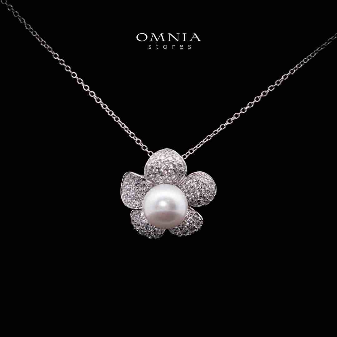 Omnia Najaah Floral Fresh Water Pearl Pendant Necklace in 925 Silver In High Quality Simulated Diamonds image number null