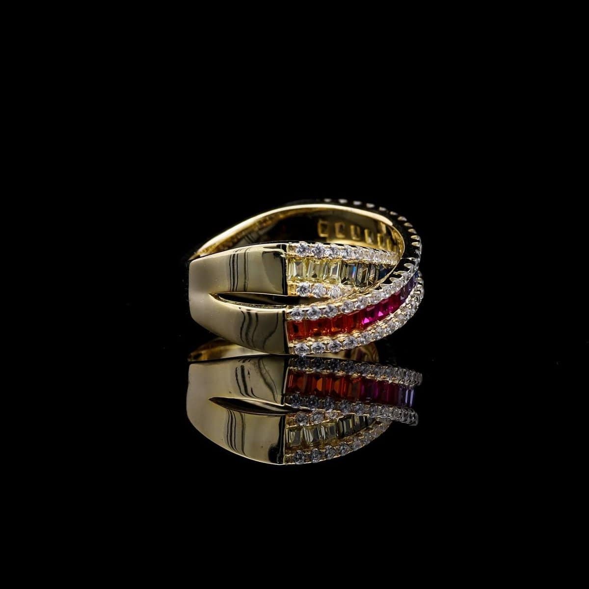 Omnia Dana Multi-Colored Criss-Cross Ring in Pure Gold with High-Quality Simulated Diamonds image number null