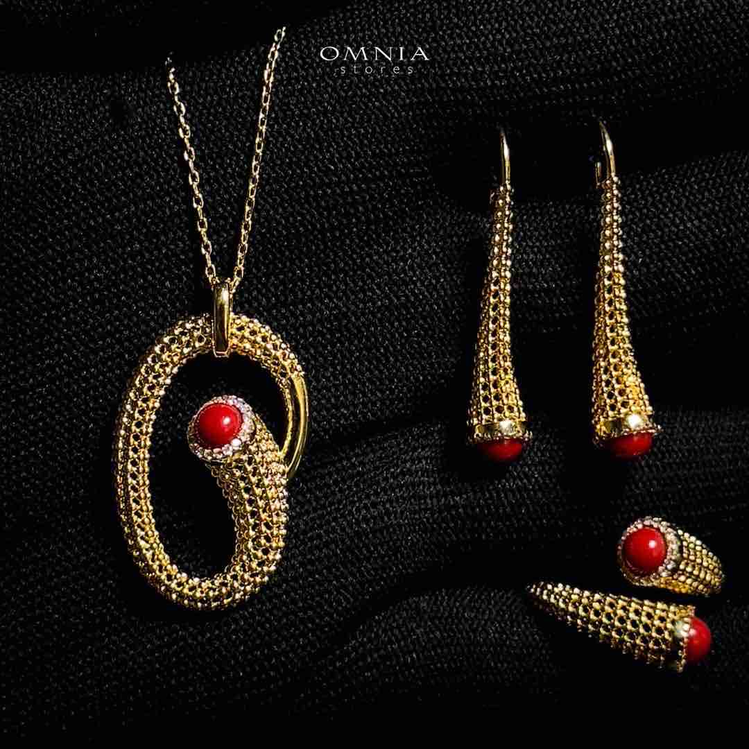 Omnia Lamisah Golden Red Necklace, Earring and Rings With Rhodium Plated In High Quality Zircon Stone image number null