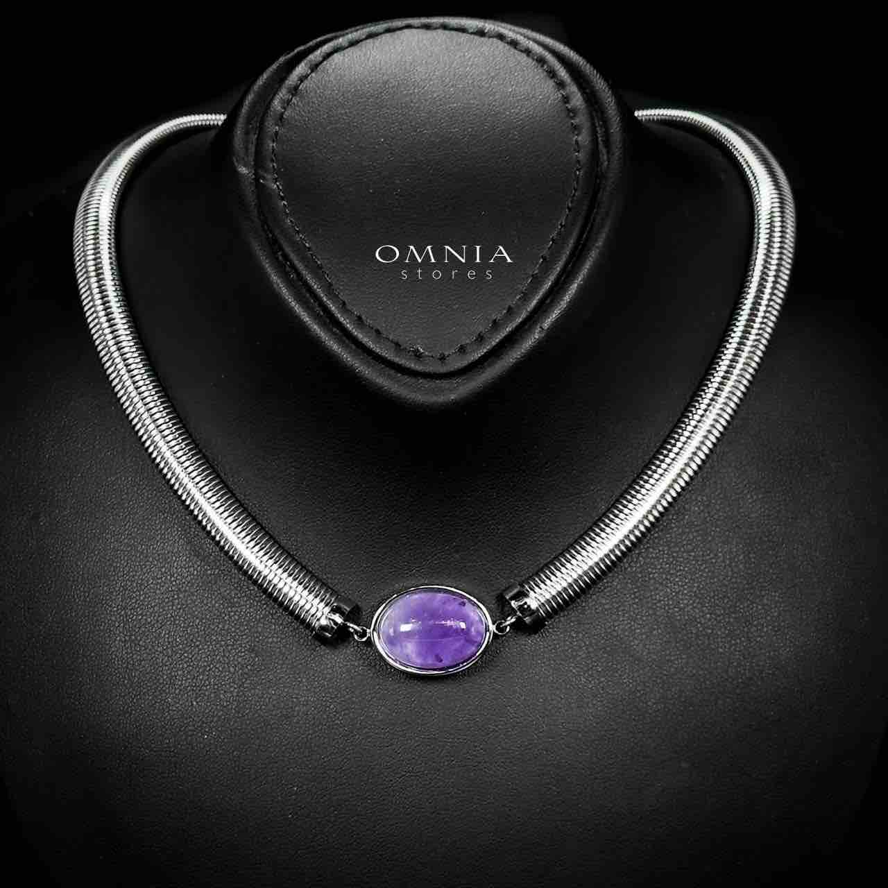 Omnia Naqiyah Silver Color Necklace,Bracelet and Earrings Set in High-Quality Stainless Steel with Purple Stone image number null