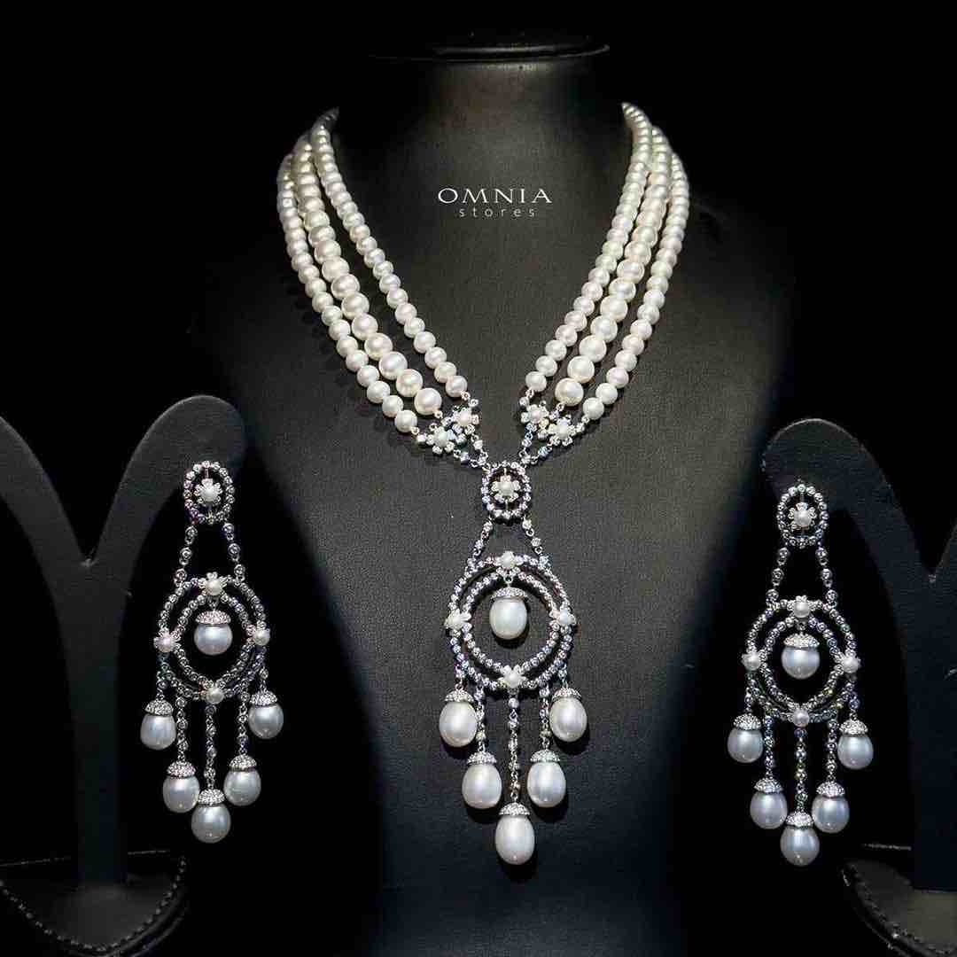 Omnia Amal Fresh Real Water Pearl Set in 92.5 Silver High Quality Simulated diamonds image number null