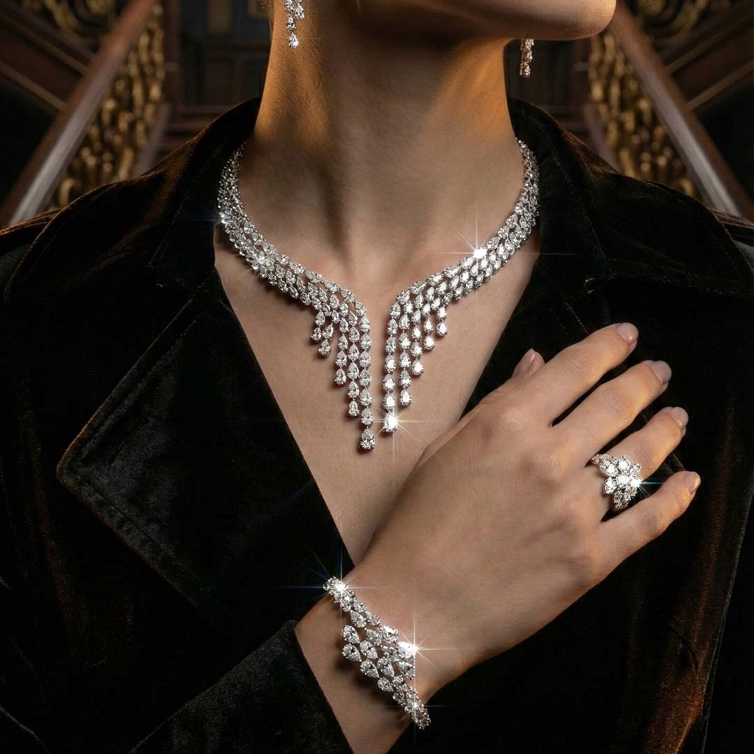 Omnia Senna Luxury Bridal White Full Set in High Quality Zircon Stone Rhodium Plated image number null