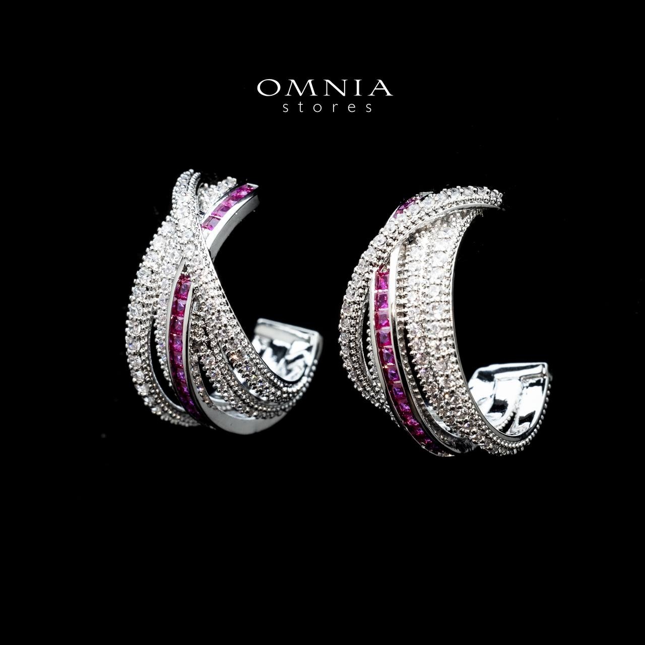 Omnia Tiffany Double Tone Wrap Hoop Earrings with Maroon Zircon in High Quality Rhodium Plated image number null