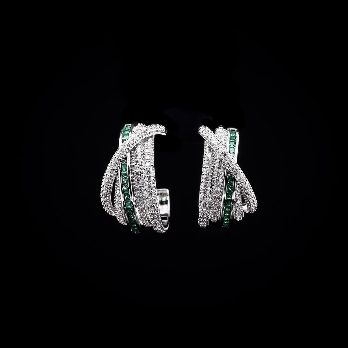 Omnia Emerald Radiance Double Tone Wrap Hoop Earrings in High Quality Rhodium Plated image number null