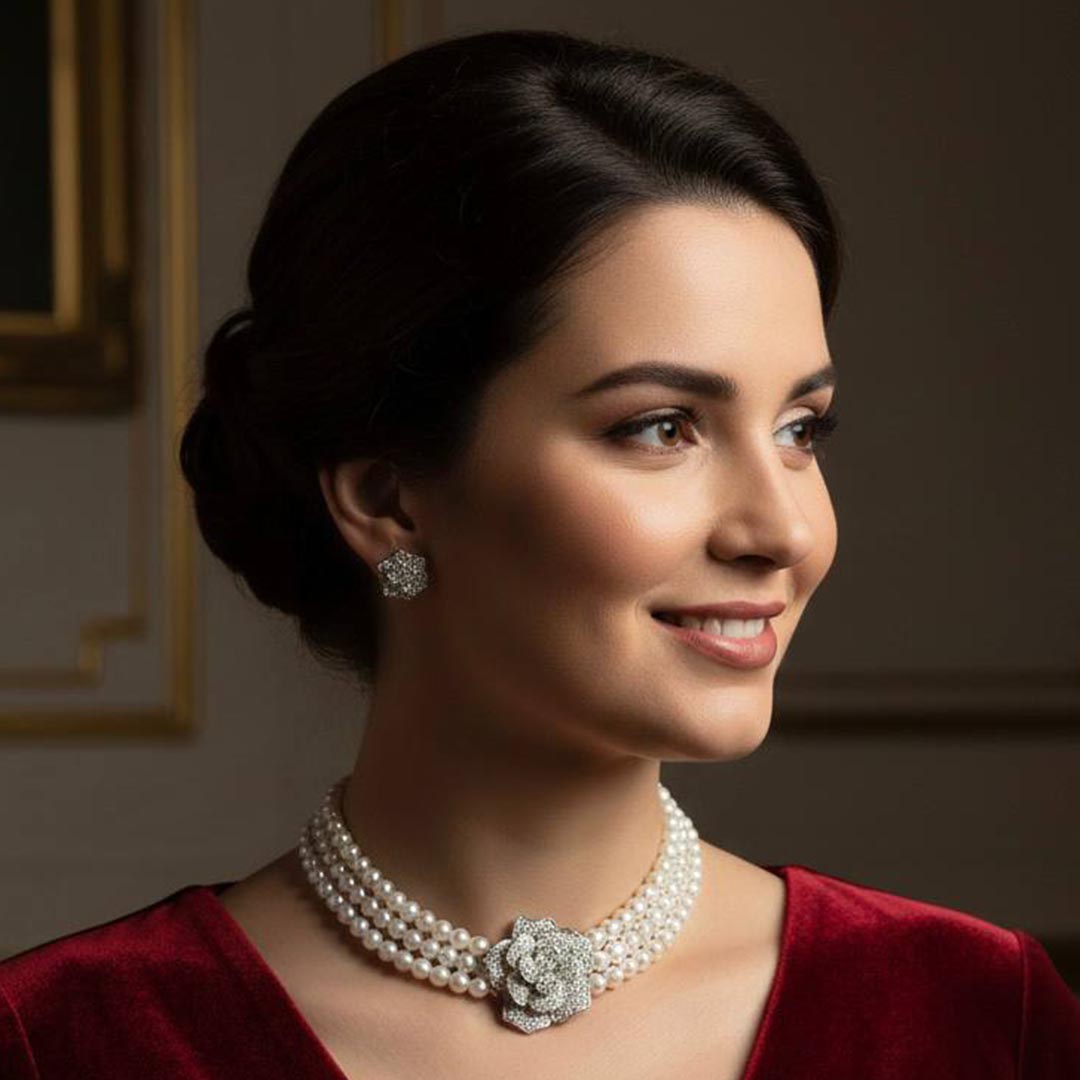 Omnia Nazira Silver Pearl Necklace and Flower Earrings in 925 Silver Accessories High Quality Simulated Diamonds image number null