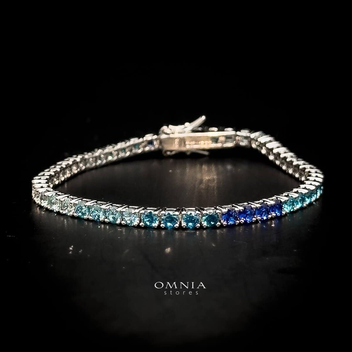 Omnia Tasneem Blue 3mm Tennis Bracelet in 92.5 Silver High Quality Simulated diamonds image number null