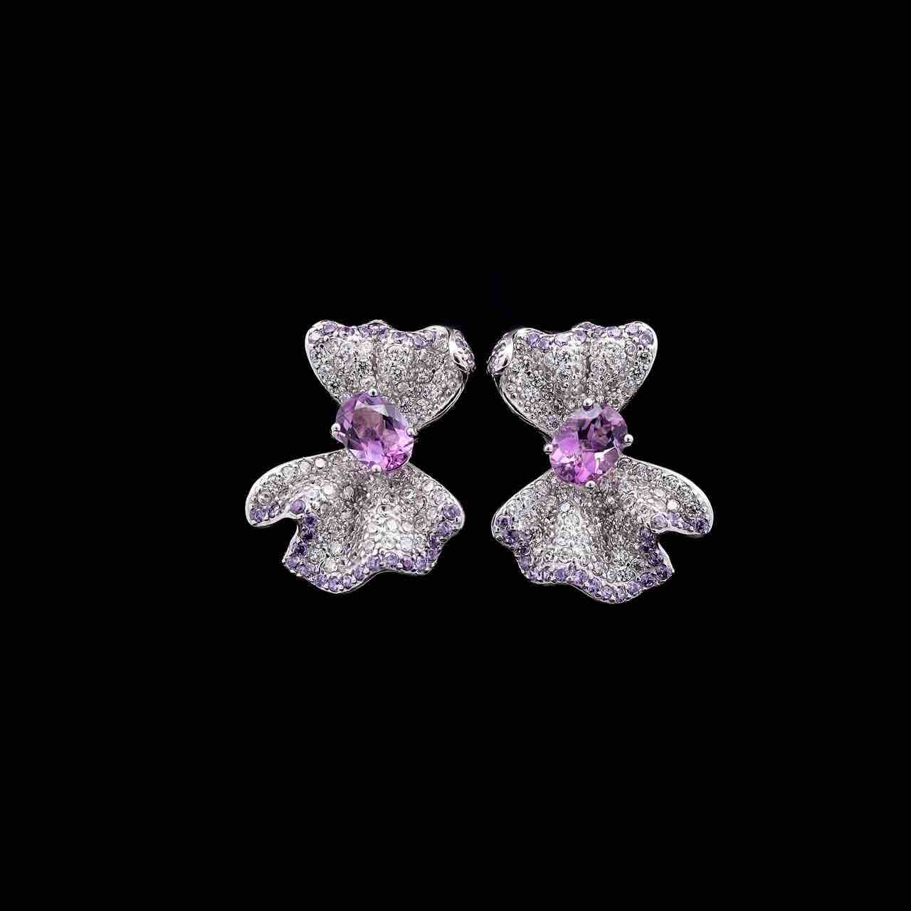Omnia Hazel Floral Drop Earrings with Purple Gemstone Accents in 92.5 Silver and High-Quality Simulated Diamonds image number null